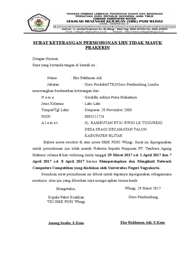 Contoh Surat Dispensasi