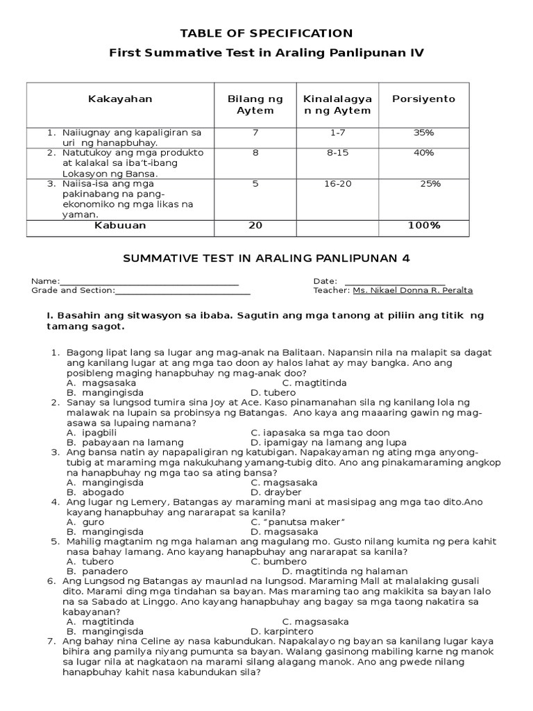 AP Grade 4 Quiz Quarter 2 | PDF