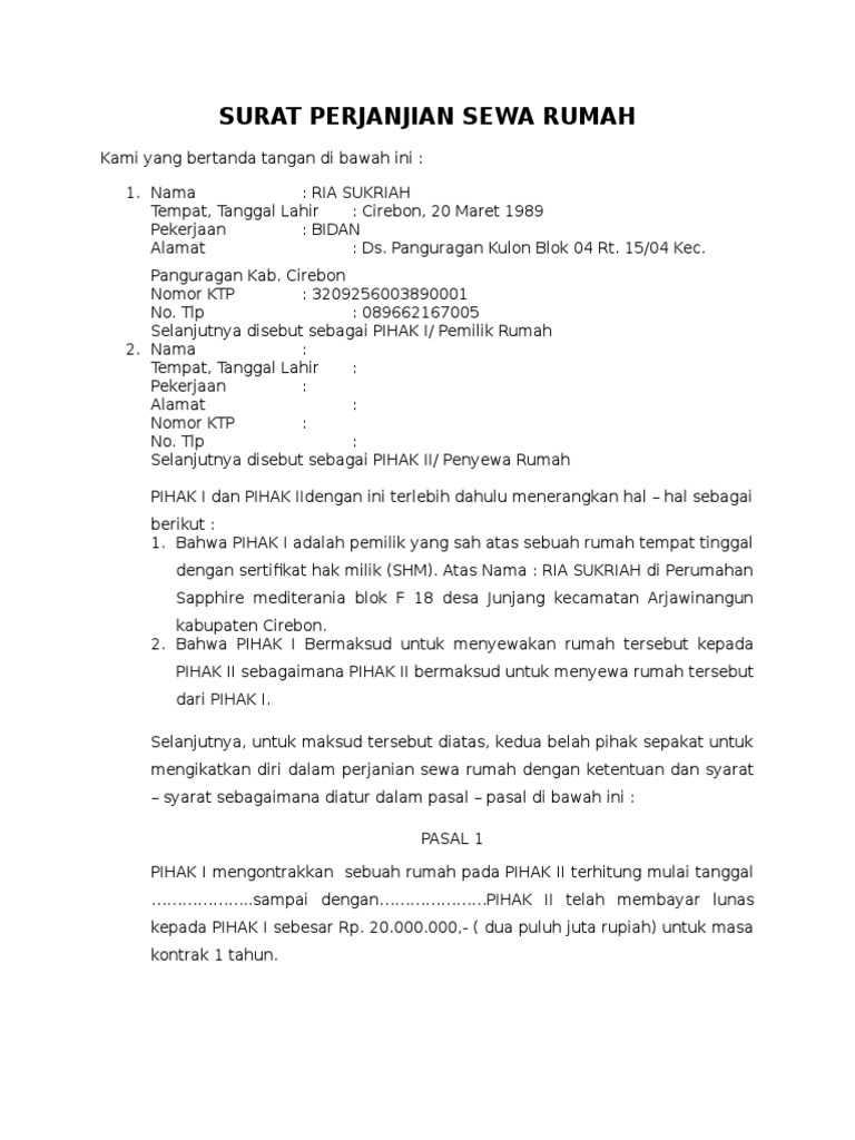 Surat Perjanjian Sewa Rumah