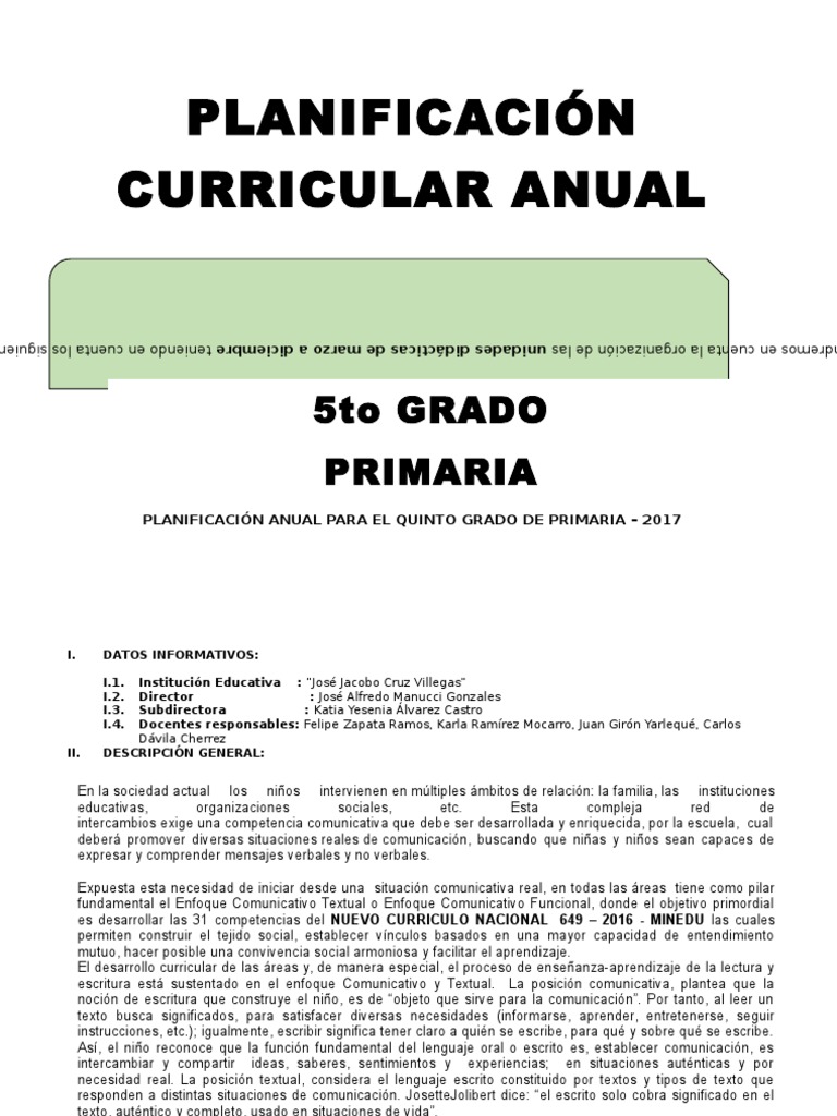 Planificación Anual Para El Quinto Grado de Primaria