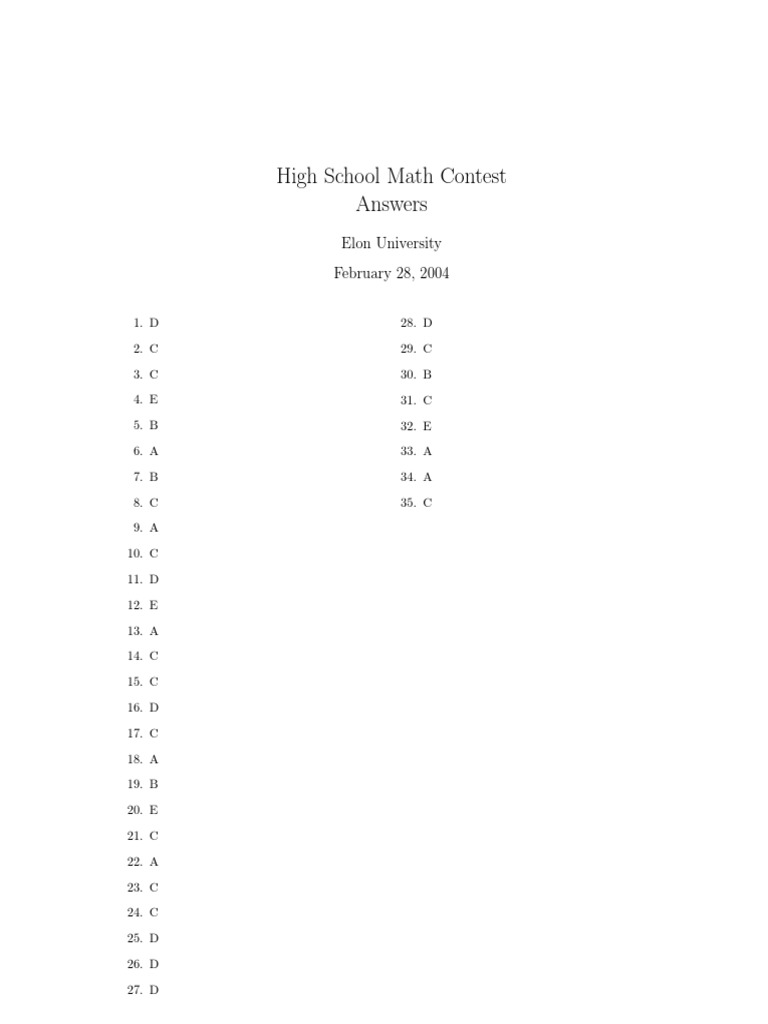High school math contest answers elon university february 28 2004 pdf