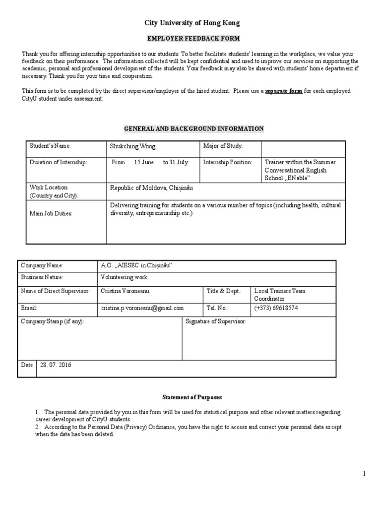 Employer Feedback Form Cityu Eng 16 Doc Internship Job Hunting