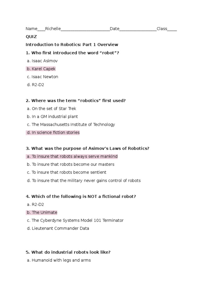 Introduction to Robotics Quiz | PDF | Robot | Robotics