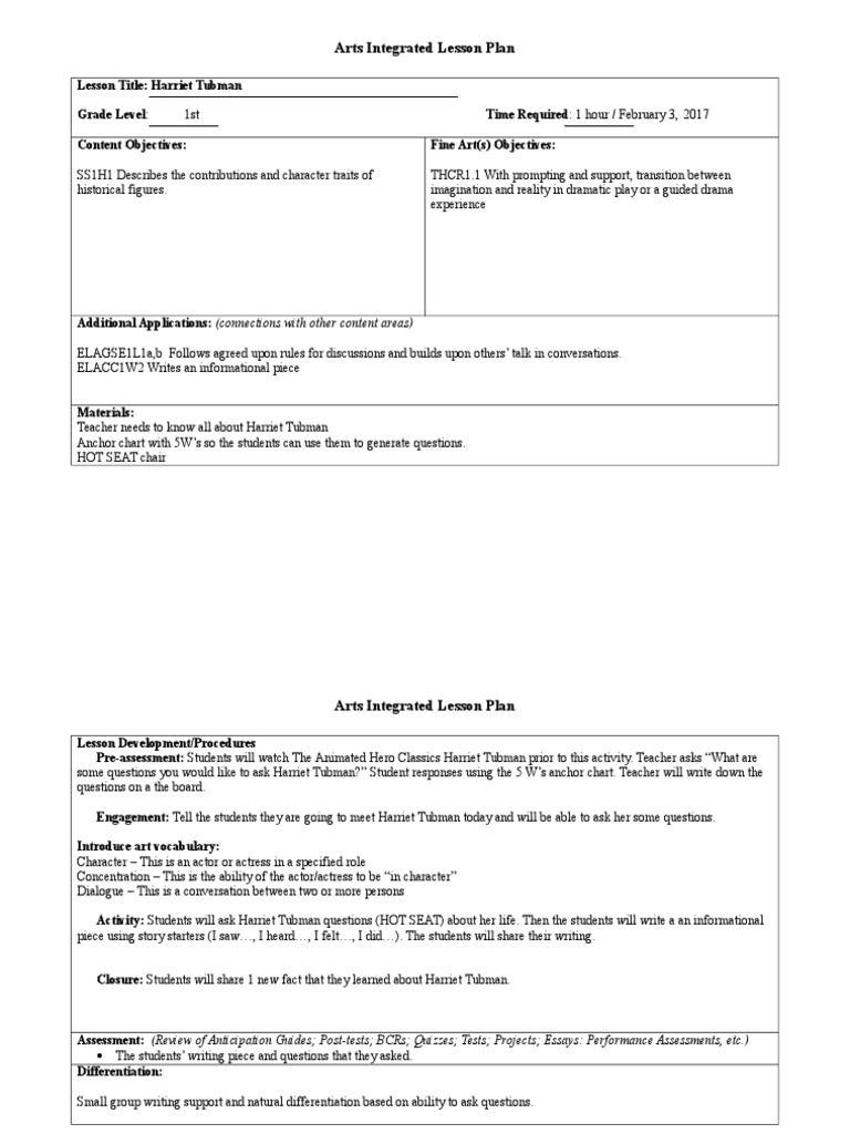 Harriet Tubman Arts Integrated Lesson Plan | PDF