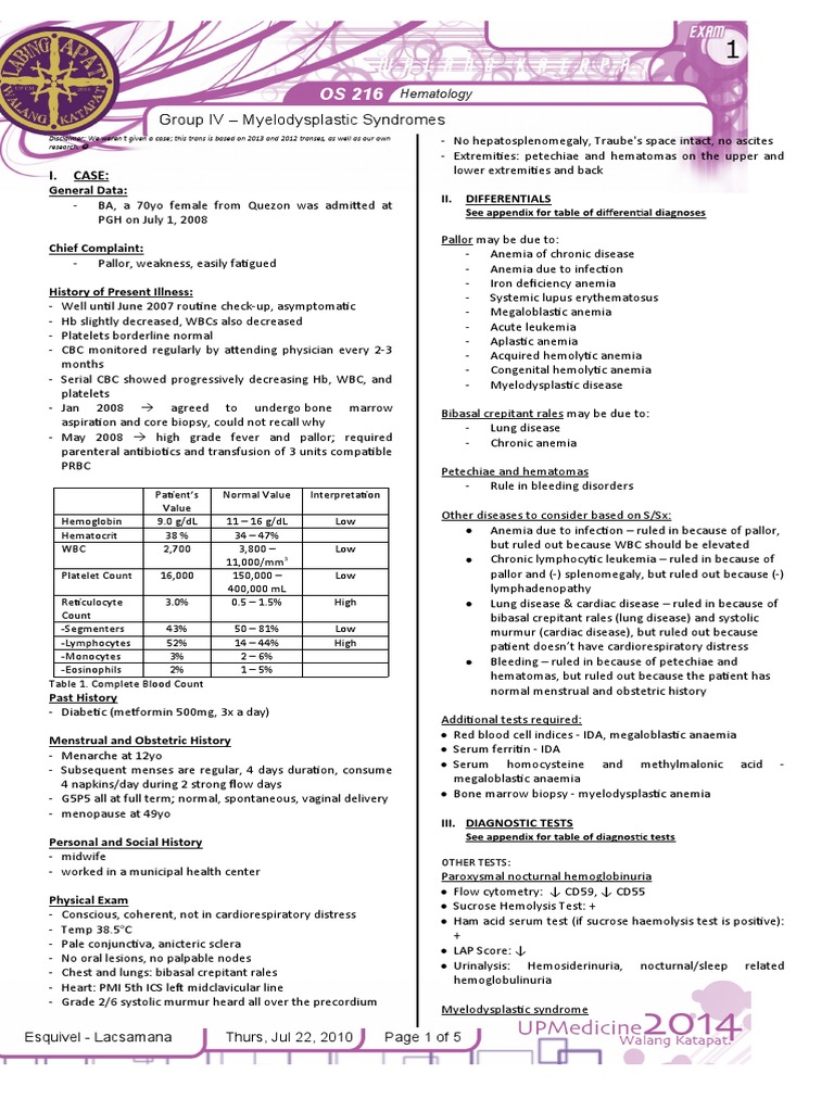 Myelodysplastic Syndromes Overview | PDF | Anemia | Blood