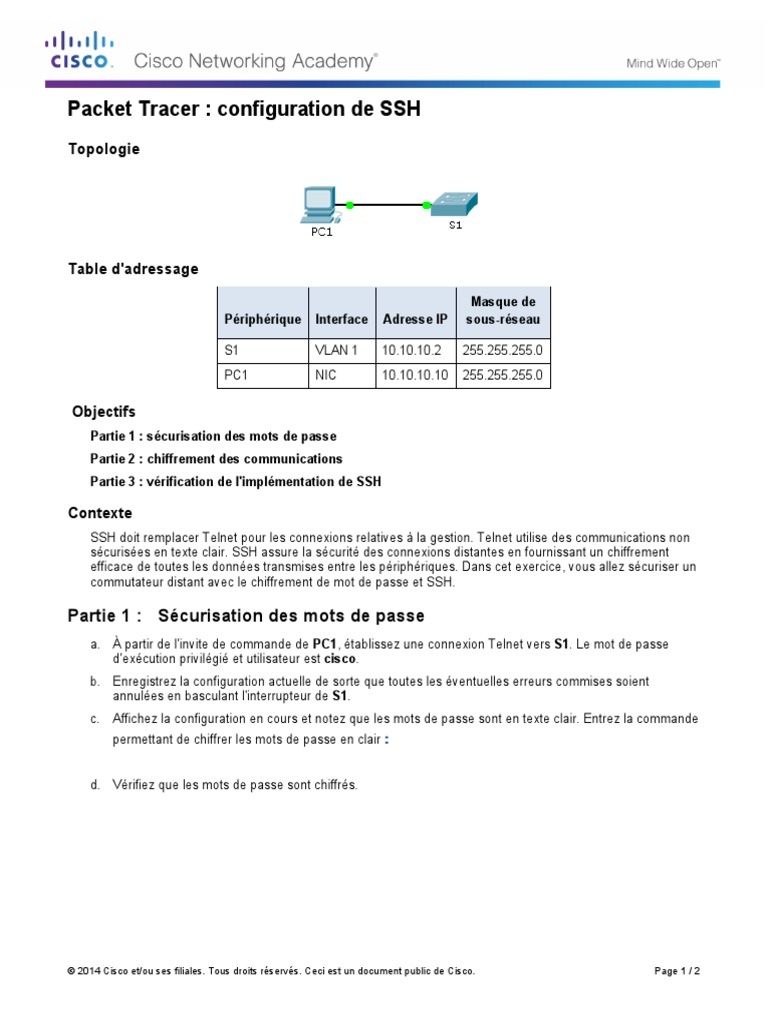 2.2.1.4 Packet Tracer - Configuring SSH Instruction | PDF | Enveloppe ...