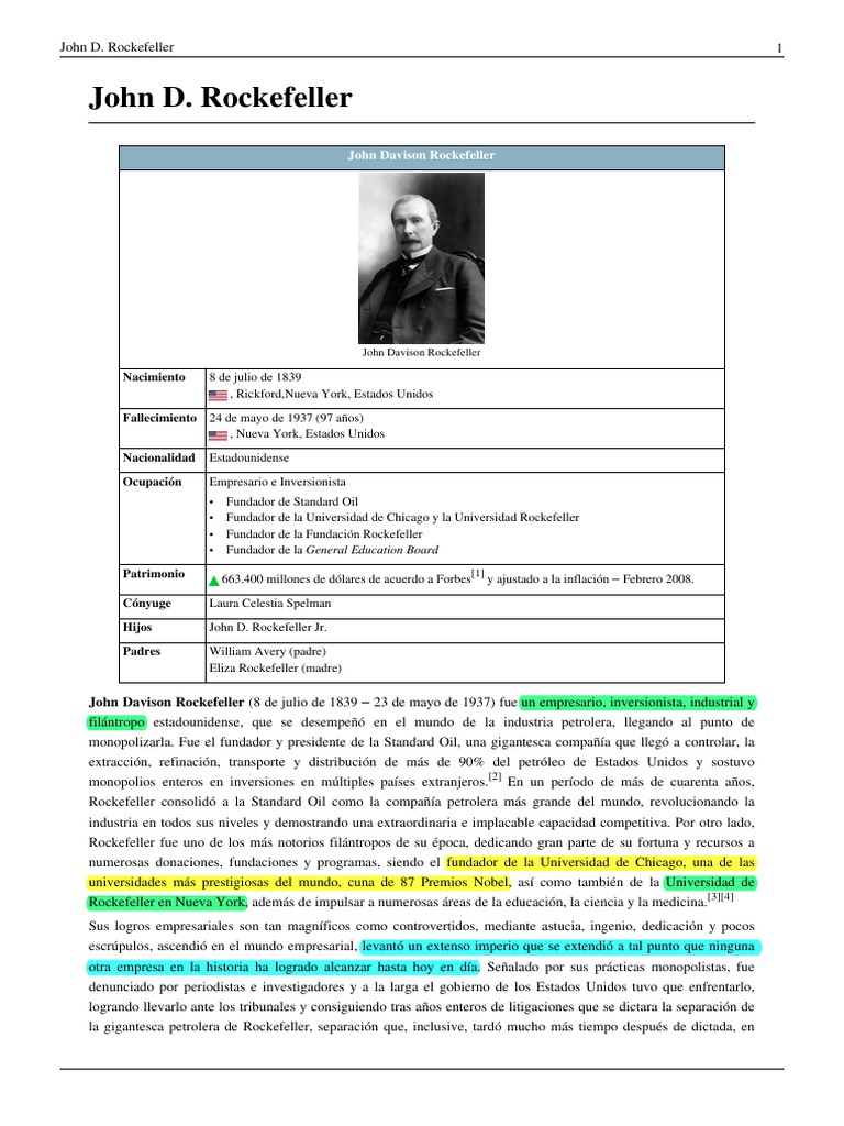 Biografía de John D. Rockefeller | PDF | John D. Rockefeller | Aceite ...