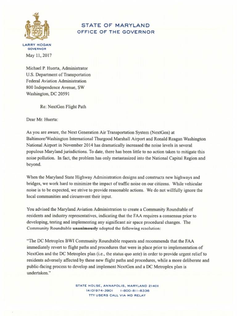 5 11 2017 - Gov Hogan Letter To FAA | PDF