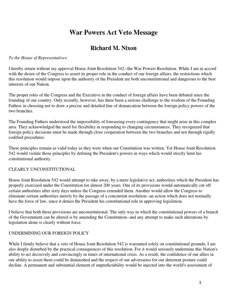War Powers Act Veto | War Powers Resolution | United States Congress