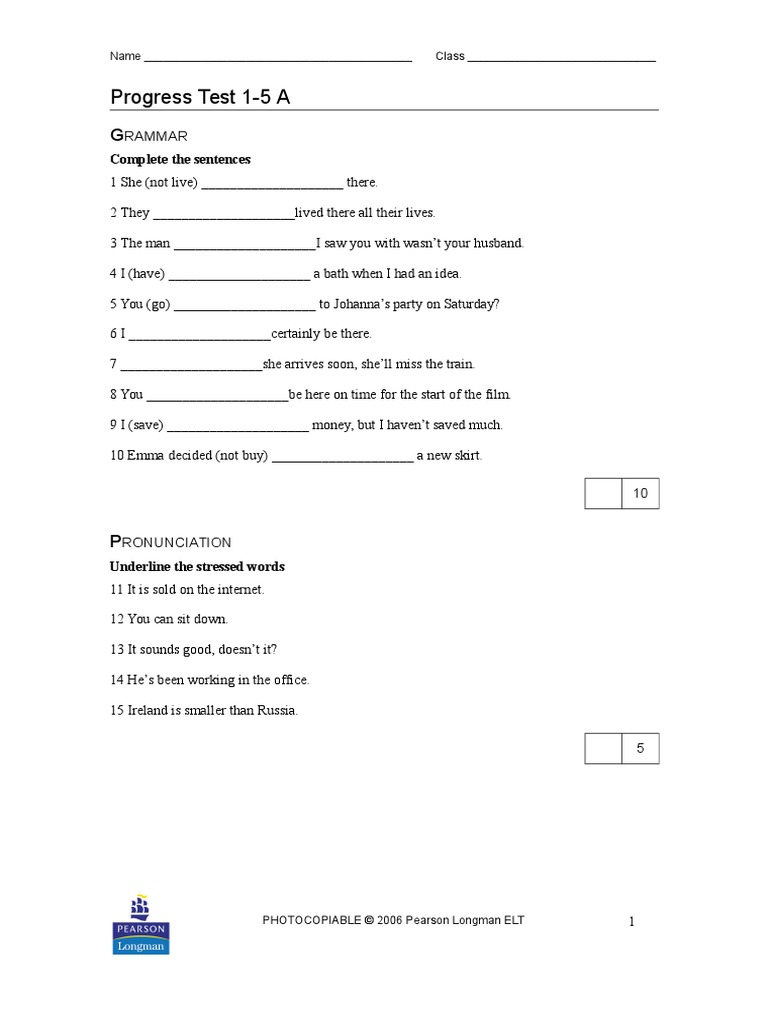 English Class A1+ Unit 4 Test Progress Test 1A | English Language