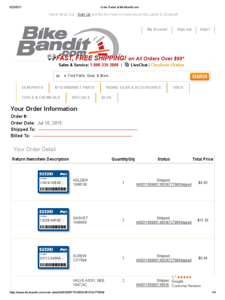 BikeBandit Order Details and Summary | PDF