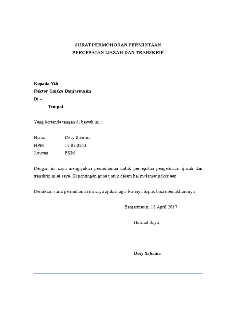 Contoh Surat Permohonan Percepatan Ijazah