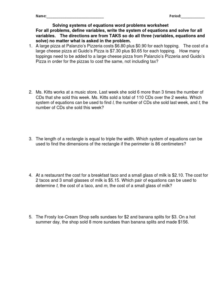 Soe Word Problems Worksheet  PDF  Textbook  Equations With Regard To Systems Word Problems Worksheet