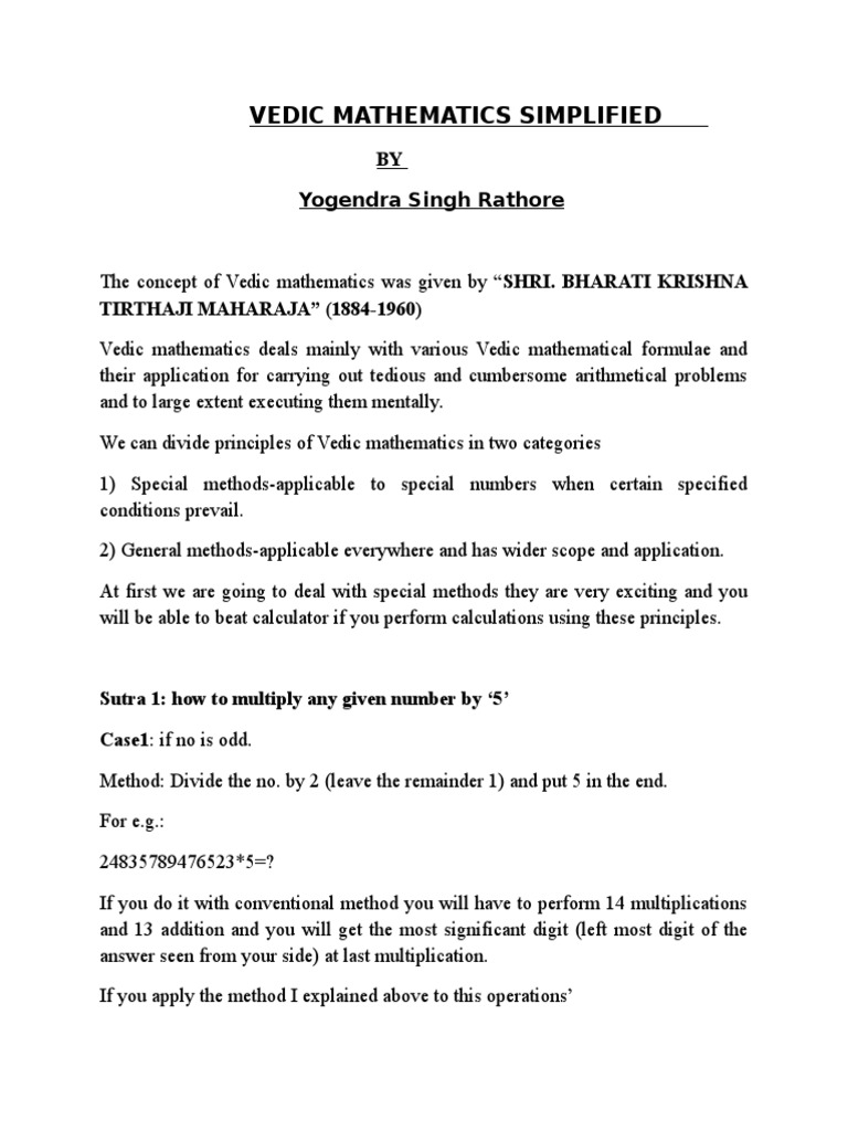 Vedic Mathematics Simplified: Yogendra Singh Rathore | PDF ...
