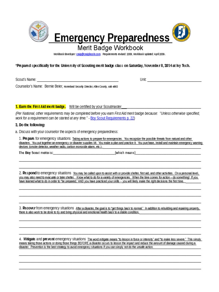 2014 Emergency Preparedness Merit Badge Workbook Emergency Management Emergency