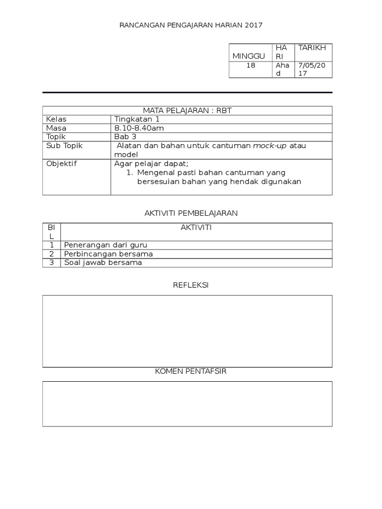 RPH RBT Tingkatan 1  PDF