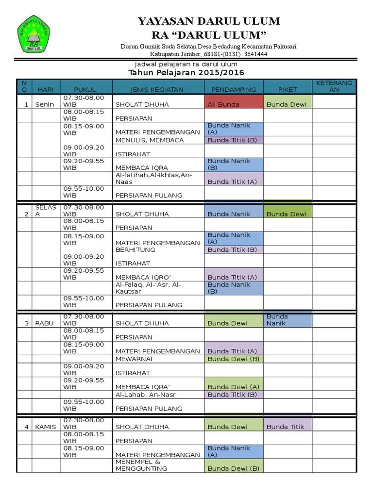 Jadwal Mengajar Ra Darul Ulum