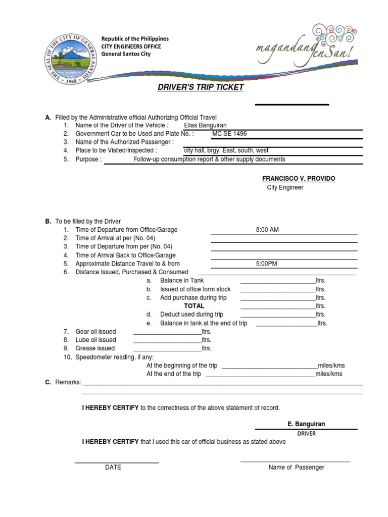 Trip Ticket Motor Vehicle Industries