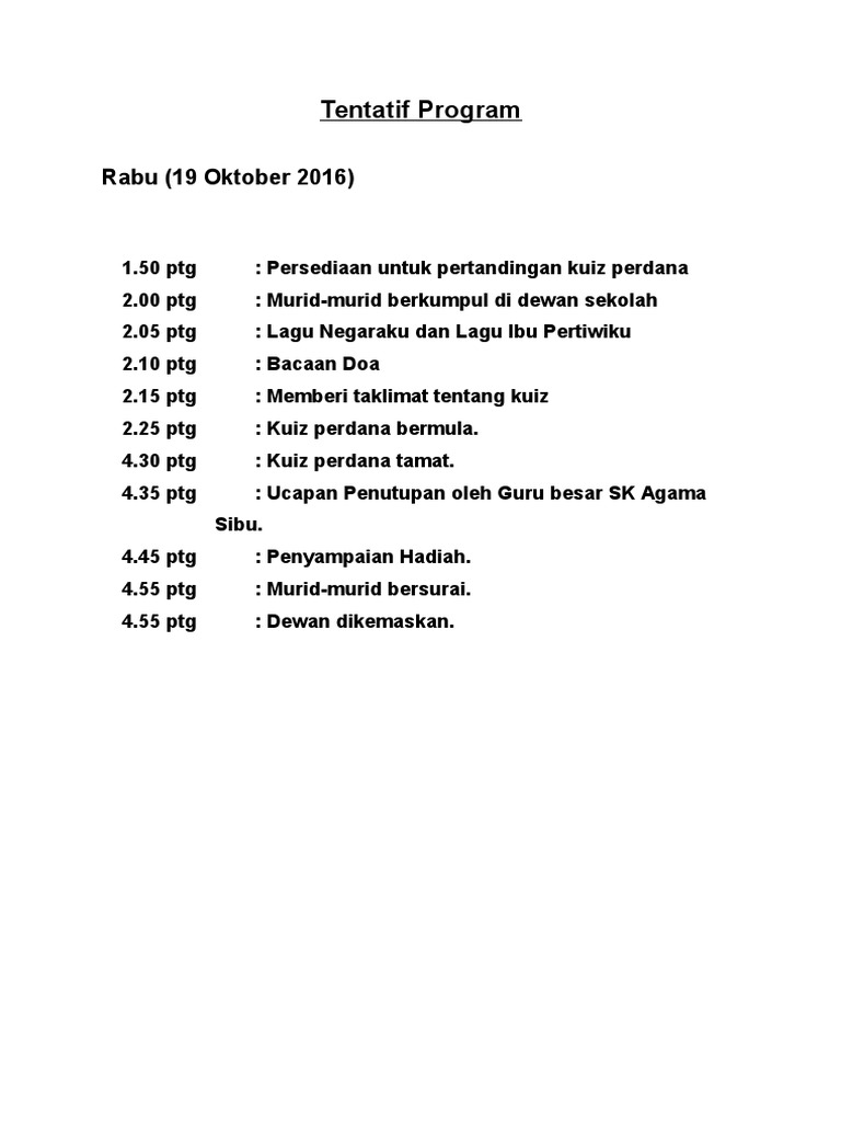 Tentatif Program Kuiz Perdana 2016 | PDF
