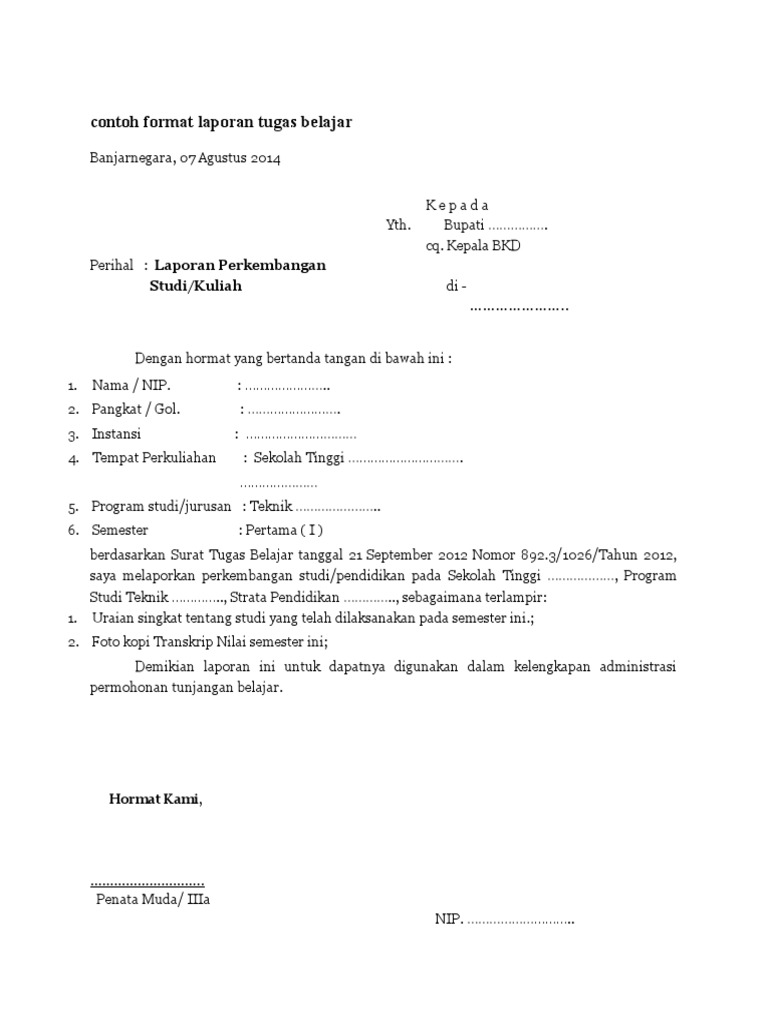 Contoh Format Laporan Tugas Belajar