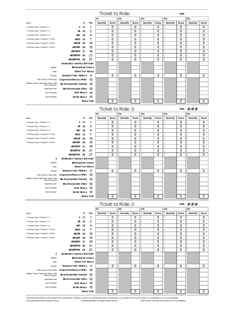 Ticket To Ride - Universal Score Sheet 2.4.0 | PDF | Leisure ...