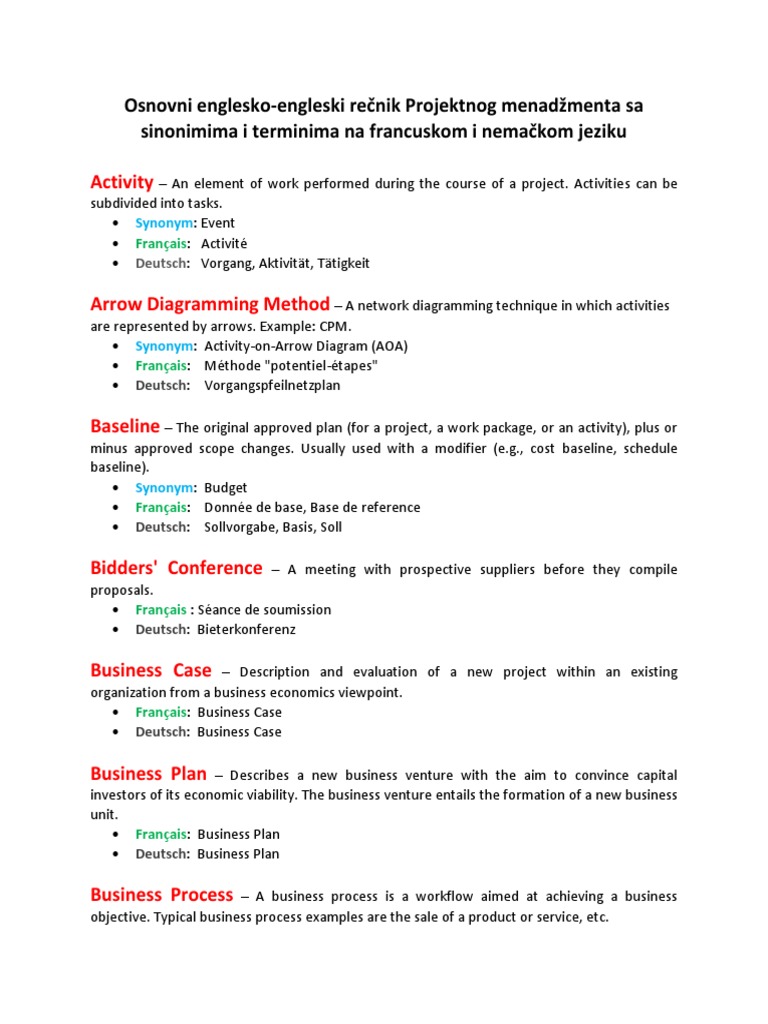 Osnovni Recnik Projektnog Menadzmenta Englesko Engleski Sa Sinonimima Pdf Risk Management Project Management
