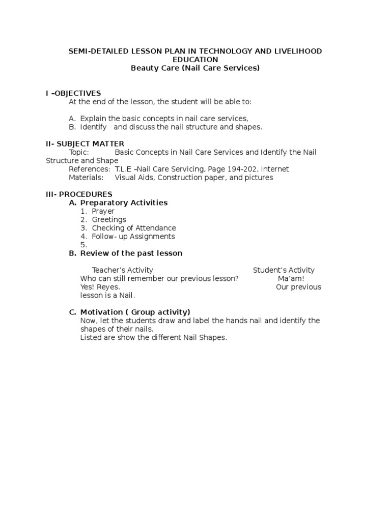 Nail Structure and Care Lesson Plan | PDF | Nail (Anatomy) | Skin
