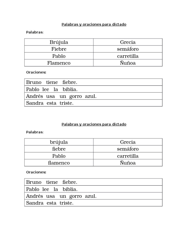 Palabras y Oraciones Para Dictado