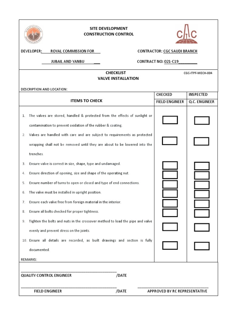 Valve Installation Checklist PDF Nut (Hardware) Valve