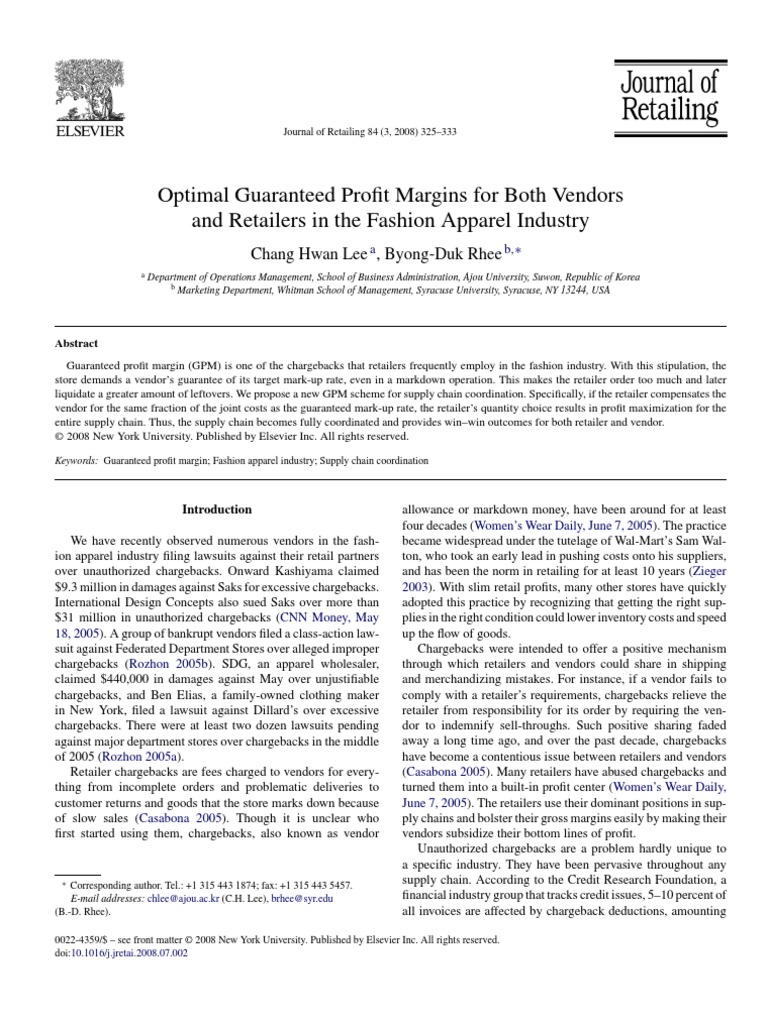 Optimal Guaranteed Profit Margins For Both Vendors and Retailers in The Fashion Apparel Industry