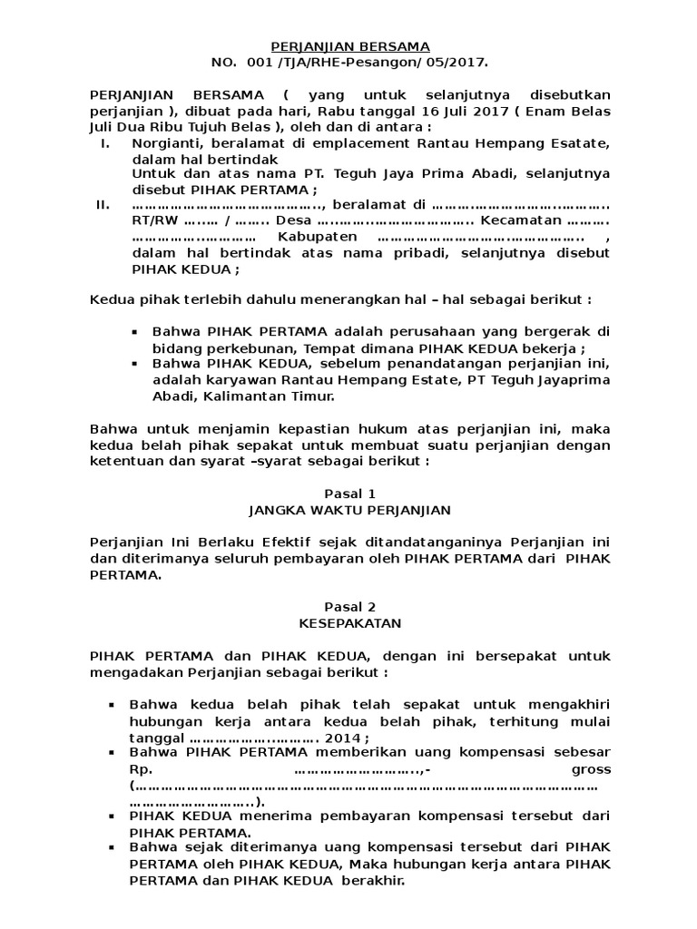 Perjanjian Bersama Pesangon Nogianti Pdf