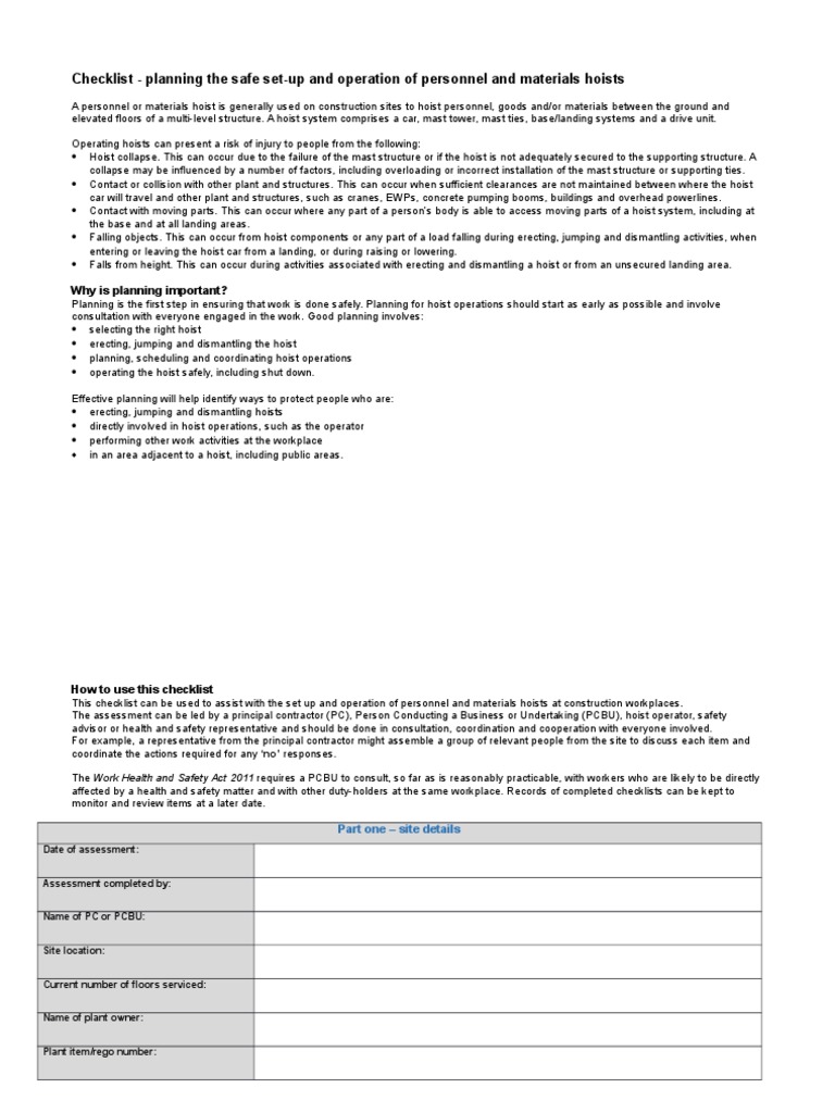 Checklist Planning The Safe SetUp and Operation of Personnel and