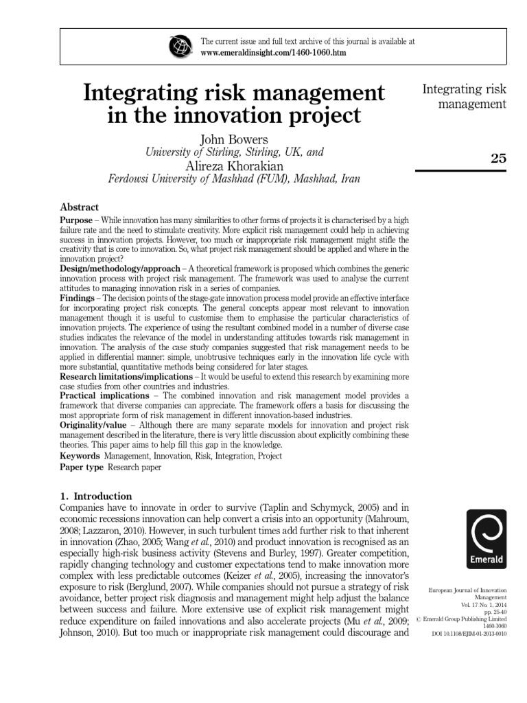 Integrating Risk Management in The Innovation Project | PDF | Risk ...