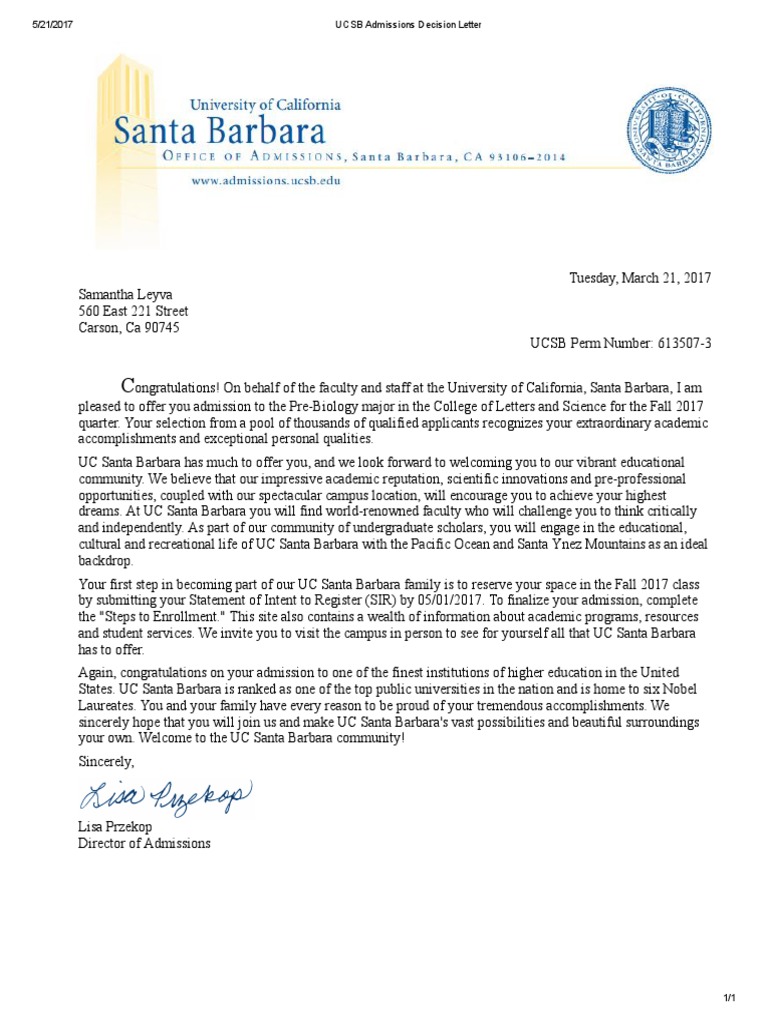 ucsb admissions decision letter Higher Education Universities And