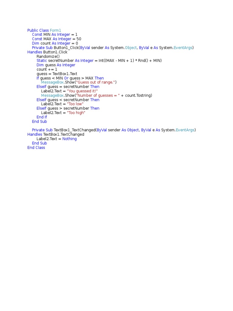 Simple Number Guessing Game Code | PDF