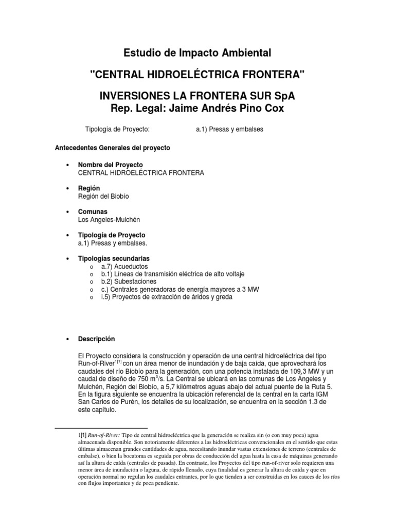 Estudio de Impacto Ambiental Central Hidroeléctrica Frontera | PDF ...