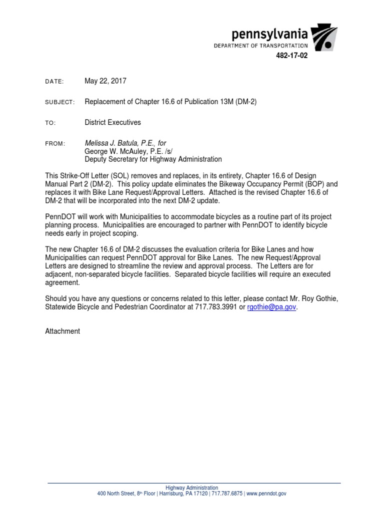 PENNDOT BOP Strike Off Letter | Cycling Infrastructure | Lane