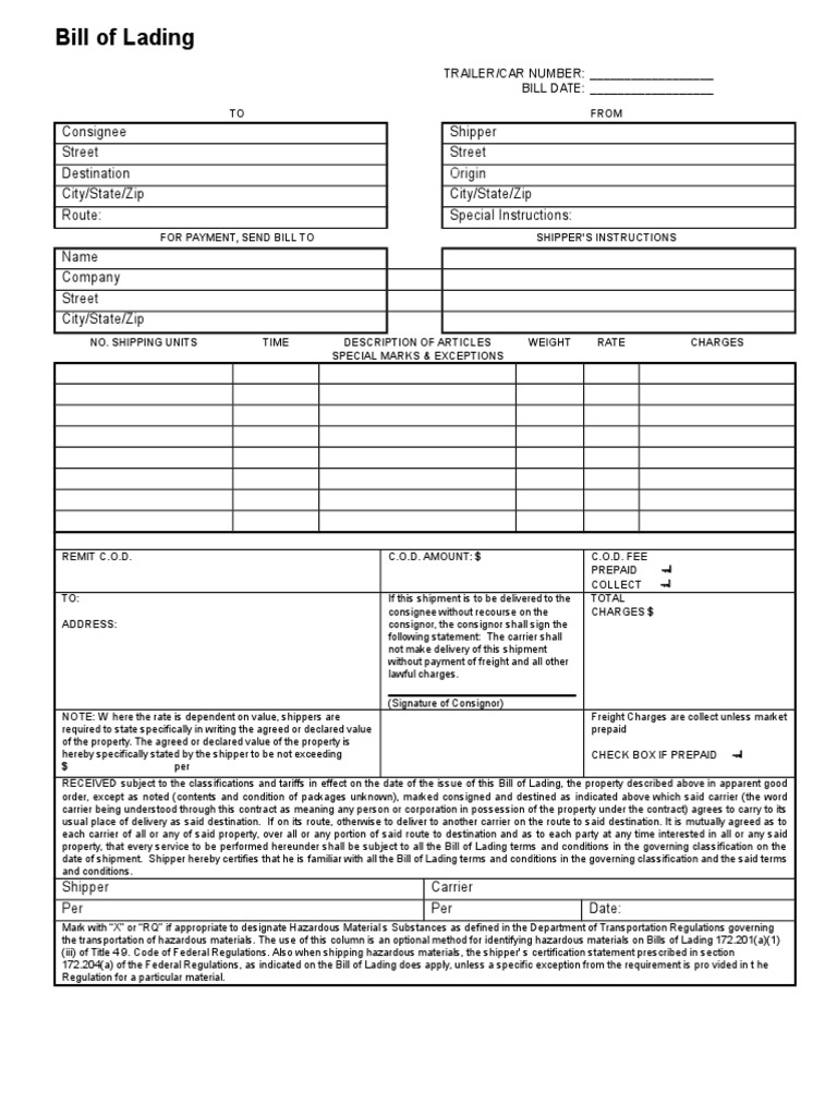 Blank Bill of Lading Form | Cargo | Bill Of Lading