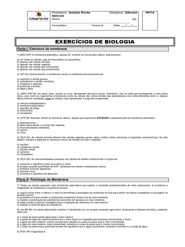 50 Questões de Citologia com Gabarito | PDF | Organelo | Citoplasma