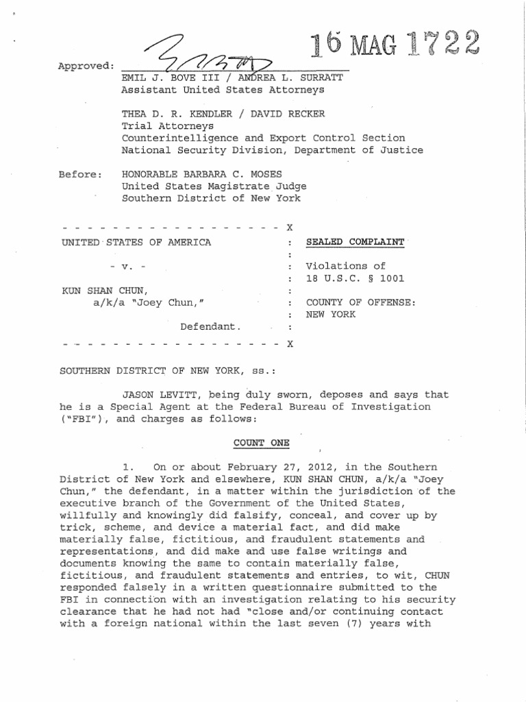 US Kun Shan Chun Sealed Complaint Federal Bureau Of Investigation