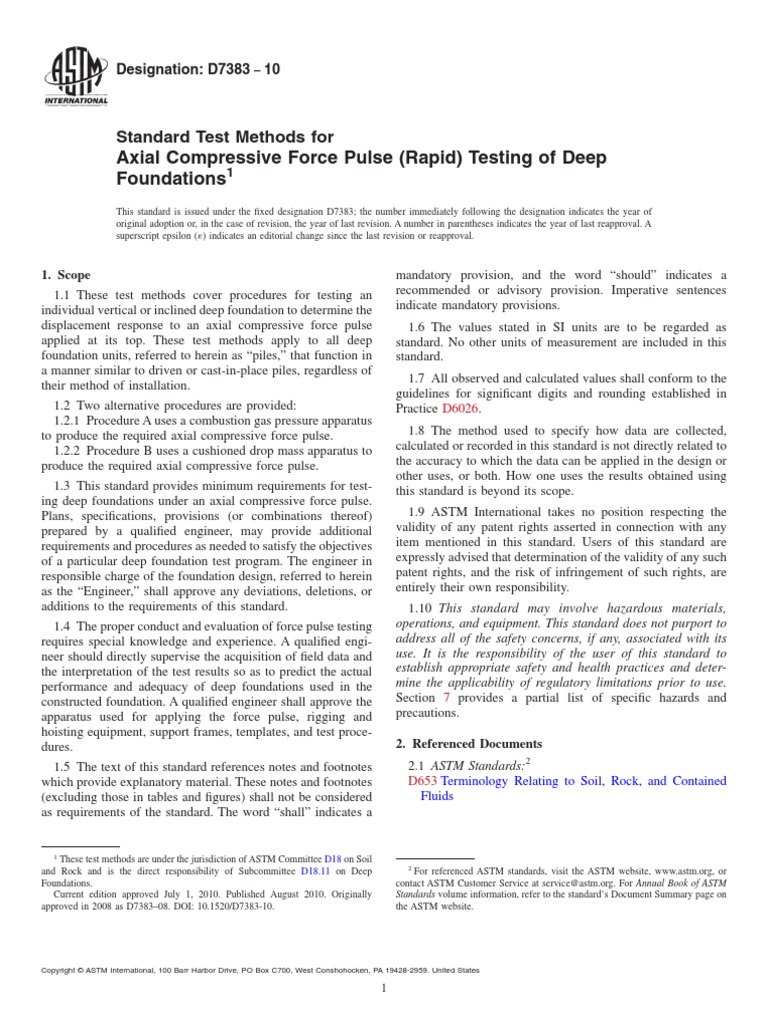 D7383-10 Standard Test Methods For Axial Compressive Force Pulse (Rapid ...