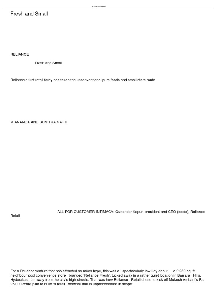 Reliance Fresh: Innovative Retail Strategy | PDF | Supermarket ...