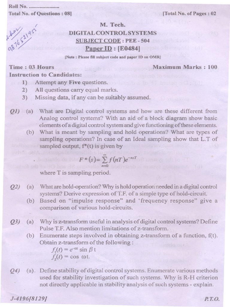 Digital Control Systems Exam Paper | PDF | Sampling (Signal Processing ...