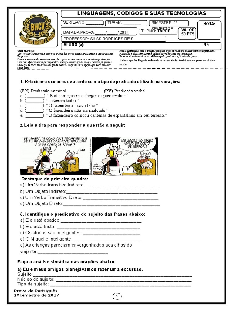 Prova 8 Ano de Portugues | Predicado (Gramática) | Assunto (Gramática)