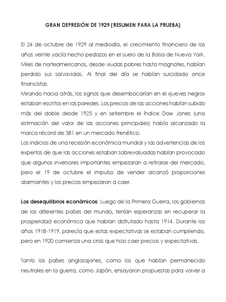 Resumen de la Gran Depresión 1929 | PDF | Nuevo acuerdo | Gran depresion