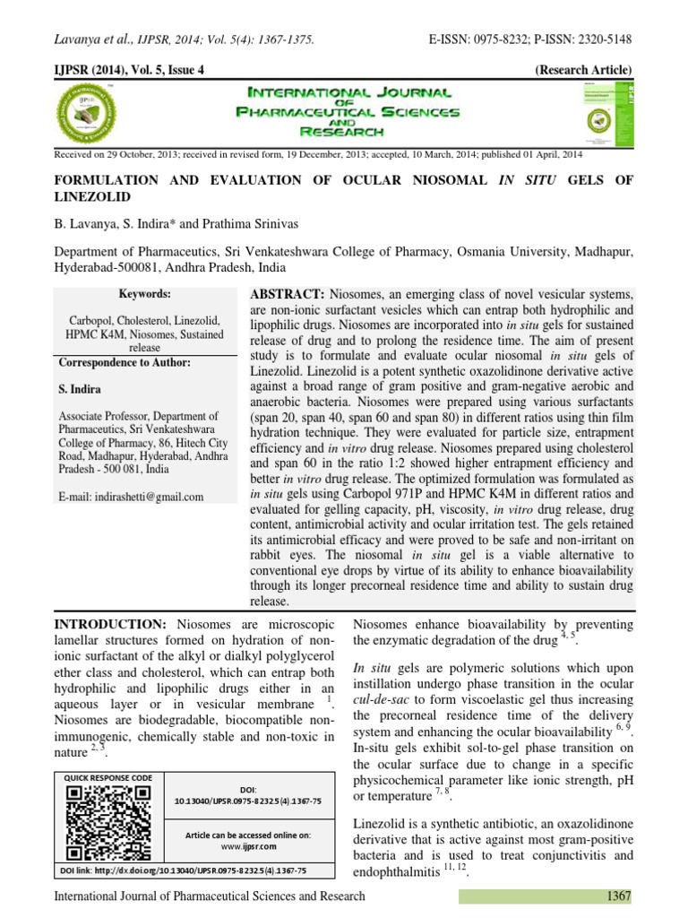 Formulation and Evaluation of Ocular Niosomal in Situ Gels of Linezolid ...