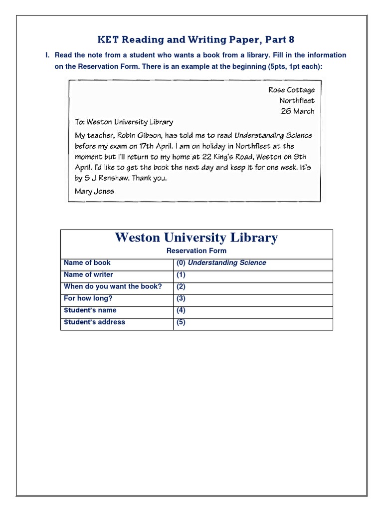 KET Reading and Writing Paper Part 8