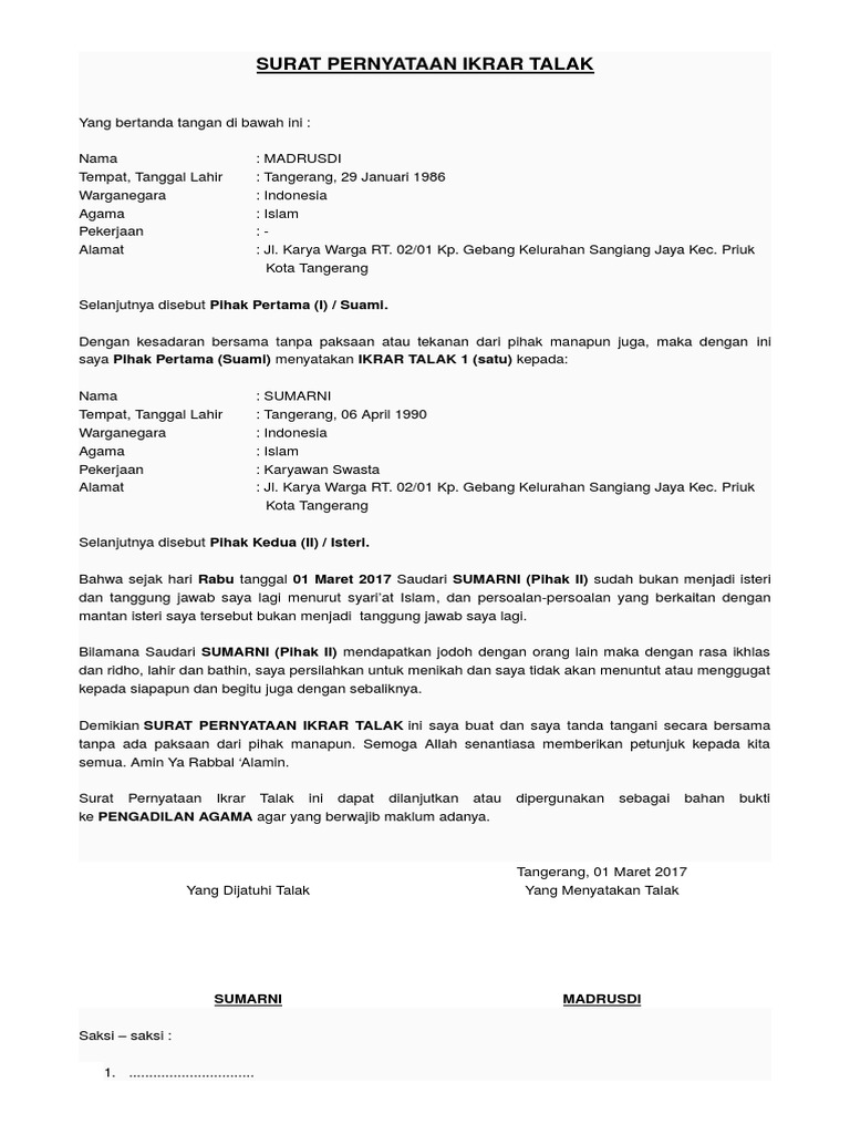 Format Surat Cerai Talak