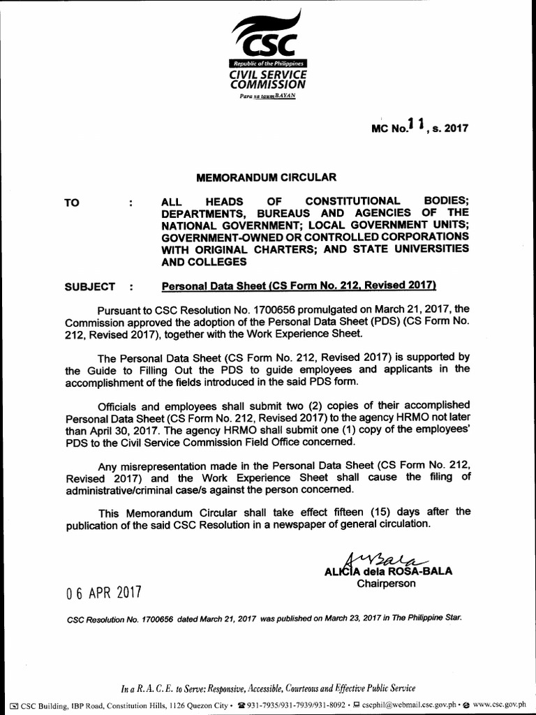 MC No. 11, s. 2017 Personal Data Sheet (CS Form No. 212, Revised 2017)