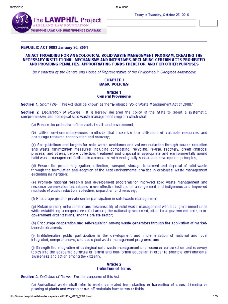 An Act Providing Guidelines for Ecological Solid Waste Management in